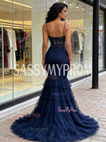 Tulle Spaghetti Straps Navy Blue Trumpet Mermaid Beading Prom Dress
