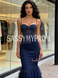 Tulle Spaghetti Straps Navy Blue Trumpet Mermaid Beading Prom Dress