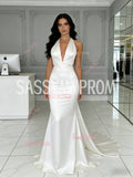 Trumpet Mermaid Satin White Halter V Neck Wedding Dress With Train