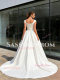 A Line Belt Short Sleeve Satin Square Beading Wedding Dress