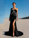 Trumpet Mermaid Velvet Tassel One Shoulder Black Prom Dress With Slit