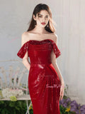 Off The Shoulder Trumpet Mermaid Burgundy Sequin Prom Dress