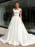 A Line Belt Short Sleeve Satin Square Beading Wedding Dress