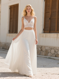 Lace Two Piece Chiffon Spaghetti Straps Wedding Dress