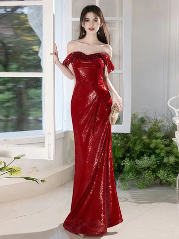 Off The Shoulder Trumpet Mermaid Burgundy Sequin Prom Dress