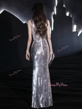 Sequin Sheath Column Silver Ruched Prom Dress