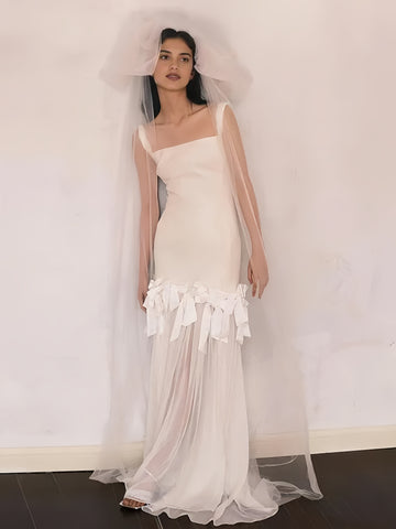 Straps Square Bow Tulle Column Sheath Wedding Dress