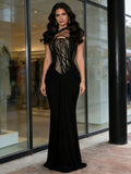 See Through Satin Trumpet Mermaid Black Jewel Prom Dress