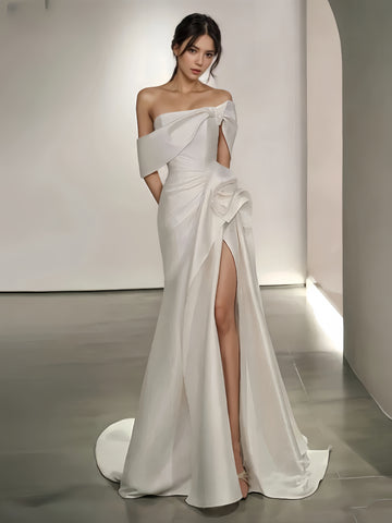 Trumpet Mermaid Ruched Off The Shoulder Wedding Dress With Slit