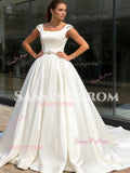 A Line Belt Short Sleeve Satin Square Beading Wedding Dress
