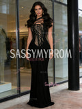 See Through Satin Trumpet Mermaid Black Jewel Prom Dress