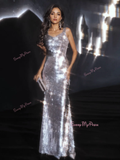 Sequin Sheath Column Silver Ruched Prom Dress