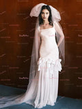 Straps Square Bow Tulle Column Sheath Wedding Dress