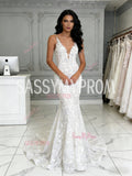 Lace Simple V Neck Trumpet Mermaid Wedding Dress