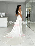 Trumpet Mermaid Satin White Halter V Neck Wedding Dress With Train