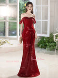 Off The Shoulder Trumpet Mermaid Burgundy Sequin Prom Dress