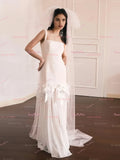 Straps Square Bow Tulle Column Sheath Wedding Dress