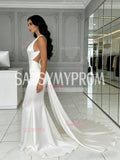 Trumpet Mermaid Satin White Halter V Neck Wedding Dress With Train