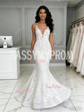 Lace Simple V Neck Trumpet Mermaid Wedding Dress