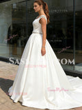 A Line Belt Short Sleeve Satin Square Beading Wedding Dress