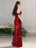 Off The Shoulder Trumpet Mermaid Burgundy Sequin Prom Dress