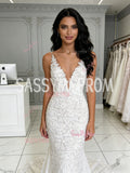 Lace Simple V Neck Trumpet Mermaid Wedding Dress