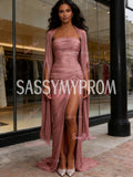 Ruched Sheath Column Pink Strapless Shawl Prom Dress With Slit