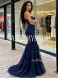 Tulle Spaghetti Straps Navy Blue Trumpet Mermaid Beading Prom Dress