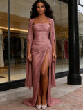 Ruched Sheath Column Pink Strapless Shawl Prom Dress With Slit