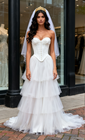 Sweetheart Corset Satin A Line Tulle Layers Wedding Dress With Slit