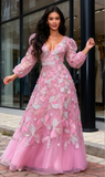V Neck Beading Flower Pink Long Sleeves Prom Dress