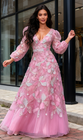 V Neck Beading Flower Pink Long Sleeves Prom Dress