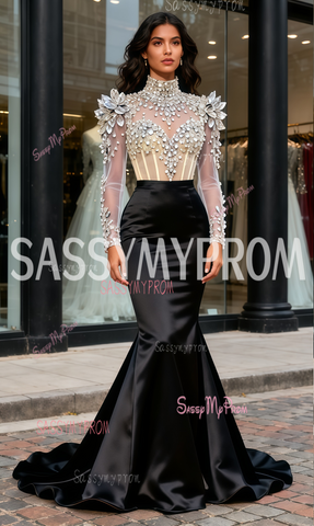 High Neck Tulle & Satin Silver Beading Trumpet Mermaid Prom Dress