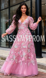 V Neck Beading Flower Pink Long Sleeves Prom Dress