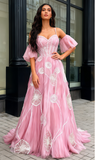 Puffy Sleeves Spaghetti Straps Pink Beading Prom Dress