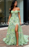 Beading Tulle Green Off The Shoulder Prom Dress With Slit