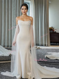 Satin Tulle Long Sleeve Strapless Trumpet Mermaid Wedding Dress