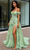 Beading Tulle Green Off The Shoulder Prom Dress With Slit