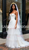 Sweetheart Corset Satin A Line Tulle Layers Wedding Dress With Slit