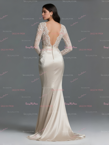 Champagne Satin Lace Long Sleeve Prom Dress With Slit US4 / Champagne Champagne Satin Lace Long Sleeve Prom Dress With Slit US4 / Champagne
