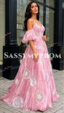 Puffy Sleeves Spaghetti Straps Pink Beading Prom Dress