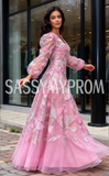 V Neck Beading Flower Pink Long Sleeves Prom Dress
