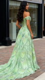 Beading Tulle Green Off The Shoulder Prom Dress With Slit