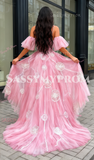 Puffy Sleeves Spaghetti Straps Pink Beading Prom Dress