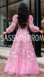V Neck Beading Flower Pink Long Sleeves Prom Dress
