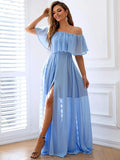 Chiffon Ruffles Blue Off Shoulder Maxi Dress