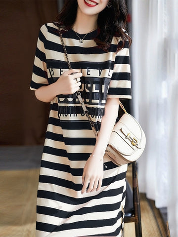 Summer Striped Letter Printing Long Shirt Dress