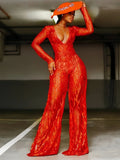 Deep V Neck See Through Mesh Red Wide Leg Jumpsuit