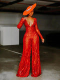 Deep V Neck See Through Mesh Red Wide Leg Jumpsuit