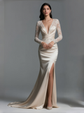 Champagne Satin Lace Long Sleeve Prom Dress With Slit